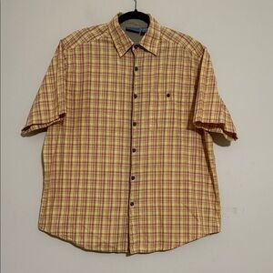 Quest Men's Yellow Plaid Short Sleeve Shirt L casual office outdoor camp retro